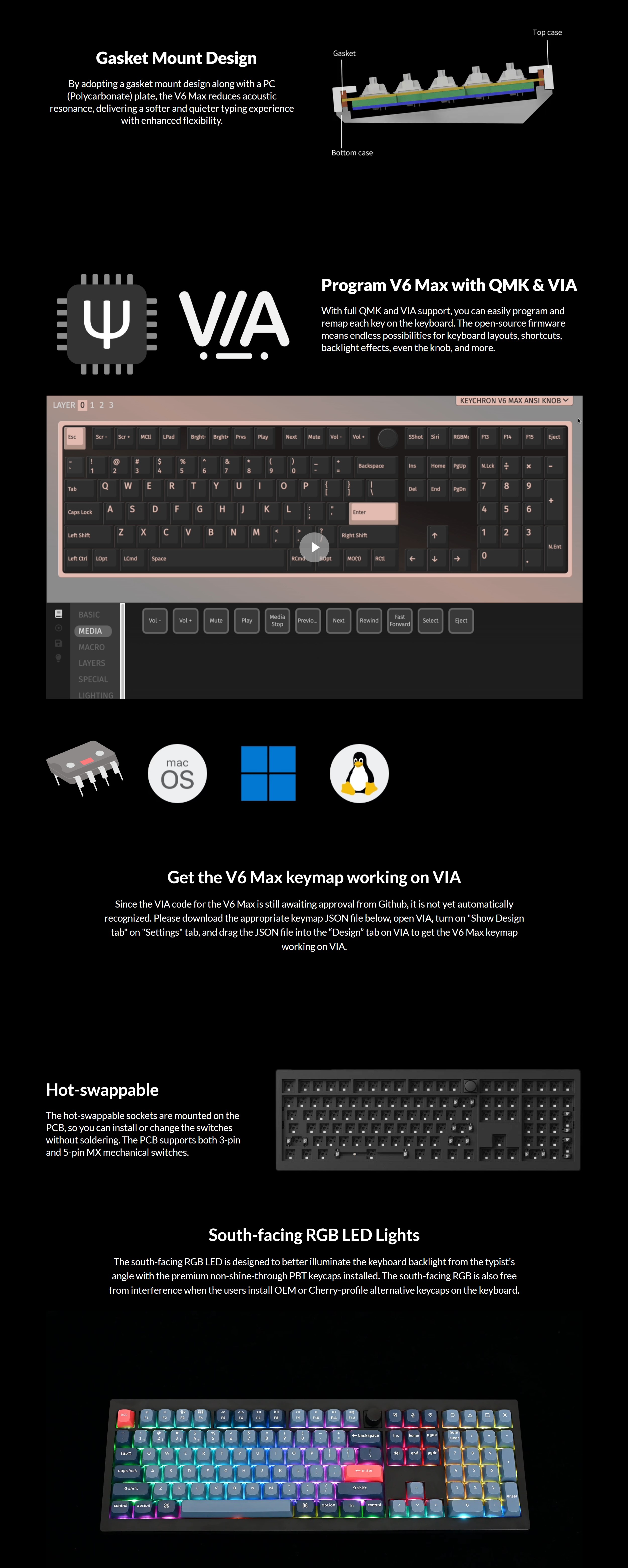 A large marketing image providing additional information about the product Keychron V6 Max - Fullsize QMK/VIA Wireless Custom Mechanical Keyboard - Retro Grey (Gateron Jupiter Red Switch) - Additional alt info not provided